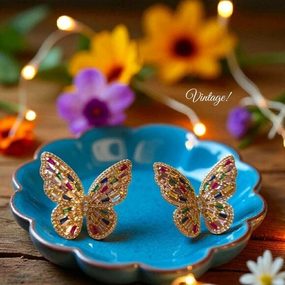 Vintage Jewelry - Vintage Gold And Crystal Butterfly Earrings GARDEN GIRL!